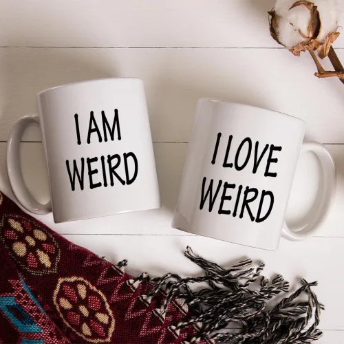 Miniatura 2 de Fatbaby Juego de tazas de café para él y ella, con texto en inglés "I Am Weird,I Love Weird,I Love Weird,I Love Weird," juego de tazas divertidas