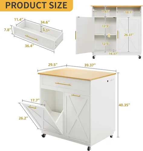 Miniatura 2 de DWVO Rolling Kitchen Island with Double Tilt Out 10 Gallon Trash Can Cabinet Power Outlet