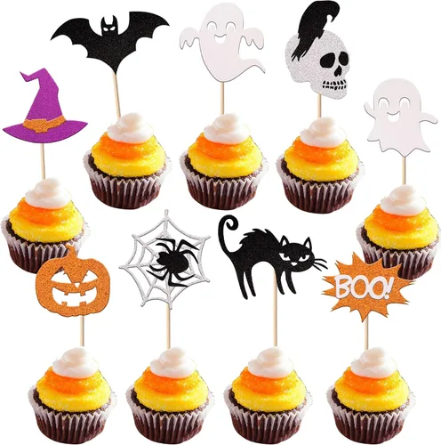 Miniatura 9 de Paquete de 24 adornos para cupcakes de Halloween con purpurina rosa, fantasma, pequeño abucheo, murciélago, bruja, gato, calabaza, magdalena