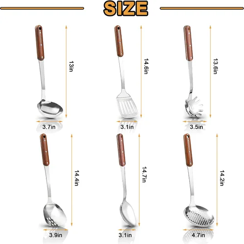 Miniatura 2 de FJNATINH - Juego de utensilios de cocina de acero inoxidable, pulido en espejo, set de 6 piezas, con mango de madera, antiadherentes y resistentes