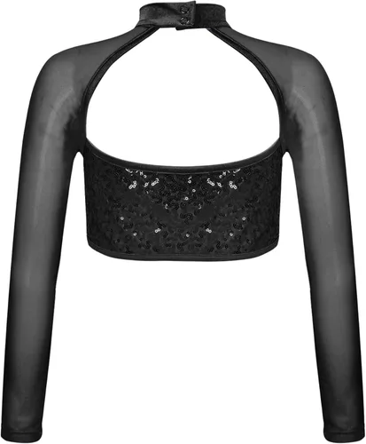 Miniatura 2 de Camisetas cortas de lentejuelas para niños y niñas, manga larga, cuello alto, jazz, hip hop, ballet, danza, ropa de baile
