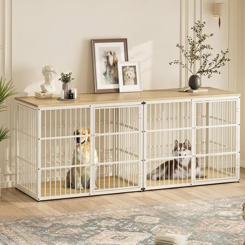 Miniatura 10 de Lyromix 94.48'' Mueble de jaula para perros de raza grande con soporte para TV de dos habitaciones, mesa auxiliar de jaula para perros de madera