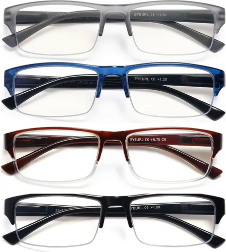 Miniatura 7 de EYEURL Paquete de 4 lentes de lectura con luz azul de medio marco para hombres, lectores rectangulares sin montura para mujeres, lentes de bisagra