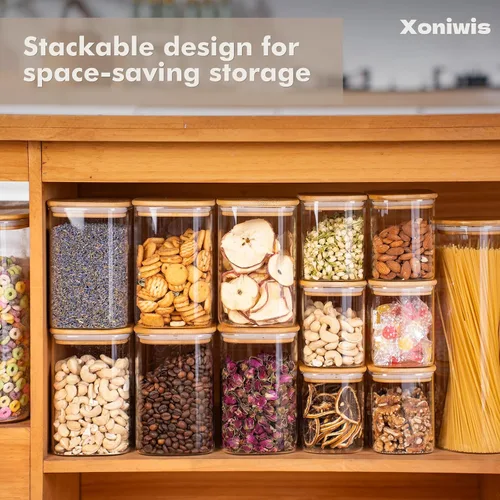 Miniatura 8 de 37oz 4PCS Frascos de almacenamiento de vidrio con tapas, tarros de vidrio con tapas para despensa, recipiente cuadrado para galletas, nueces