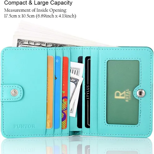 Miniatura 2 de Funtor Cartera de cuero para mujer, pequeña y compacta, con bolsillo doble, bloqueo RFID, para mujer