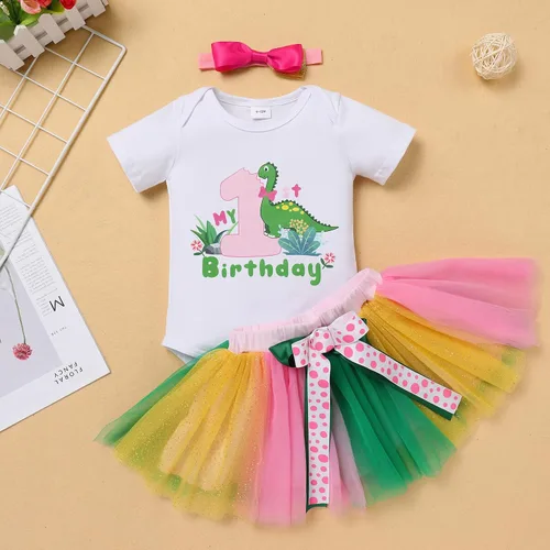 Miniatura 3 de IBTOM CASTLE Conjunto de fiesta temática de dinosaurio para niñas de primer cumpleaños de princesa + falda tutú + diadema sesión de fotos