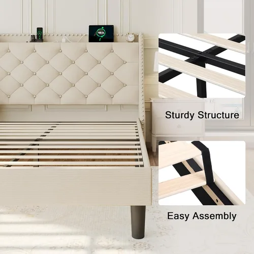 Miniatura 6 de Einhomn Base de cama de tamaño matrimonial con cabecera de almacenamiento copetuda con botones en la parte trasera y puertos tipo CA, plataforma