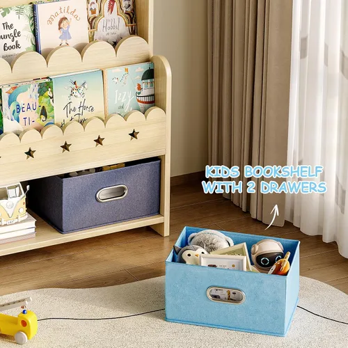 Miniatura 5 de EXPERLAM Estantería infantil 2 en 1 con 2 cajones de almacenamiento de juguetes, estantería frontal festoneada de 3 niveles para niños, organizador
