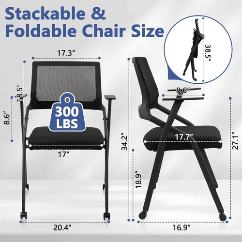 Miniatura 3 de CLATINA Sillas plegables apilables para sala de conferencias con ruedas, silla de escritorio de oficina acolchada portátil con soporte lumbar