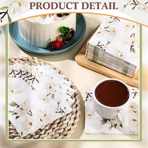 Miniatura 4 de Outus 100 servilletas de mano desechables con diseño floral de magnolia blanca de 3 capas de flores de primavera para cena, servilletas de mano