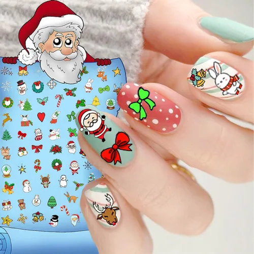 Miniatura 5 de COKTAK 6 hojas de calcomanías de uñas de Navidad para manicura, calcomanías autoadhesivas divertidas de Papá Noel, alce y ciervo, calcomanías