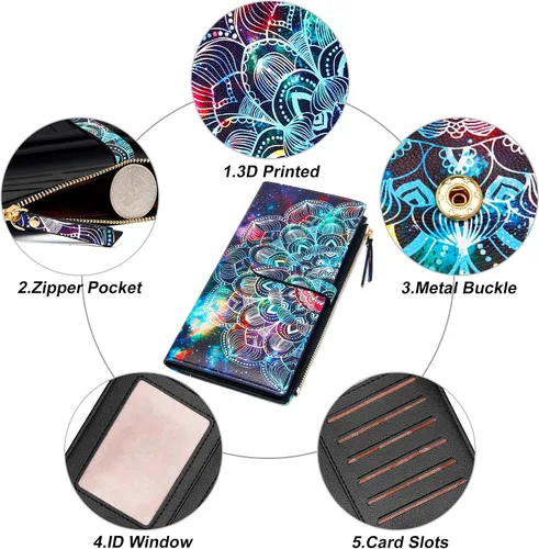 Miniatura 5 de Billeteras delgadas para mujer, tarjetero RFID plegable con bolsillo con cremallera, Mandala azul, Delgado