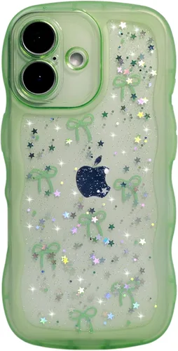 Miniatura 30 de Qokey Funda para iPhone 12 Pro Max de 6.7 pulgadas, diseño de onda rizada, borde transparente, brillante con purpurina, estrella brillante, bonita