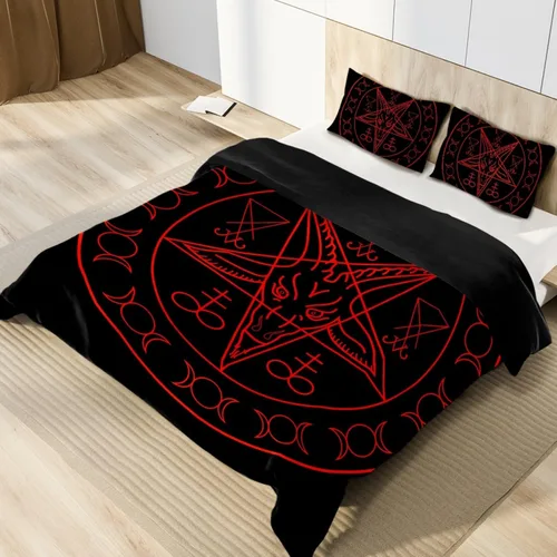 Miniatura 2 de Baphomet and Lucifer Bedding - Juego de funda de edredón de 3 piezas, tamaño Queen, funda de edredón con cierre de cremallera, 4 lazos en las Black02