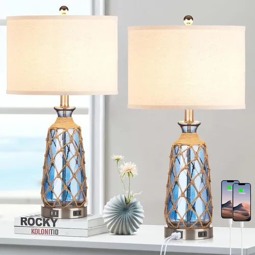 Miniatura 13 de Ruzectt Lámparas de mesa de cristal costero, lámparas de noche regulables de 3 vías con control táctil con 2 puertos USB y salida de CA, lámparas