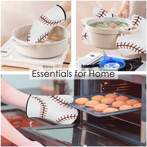 Miniatura 3 de Juego de guantes de horno y soportes para ollas de béisbol, diseño de cordones de softbol, resistentes al calor, 3 piezas para cocinar, hornear