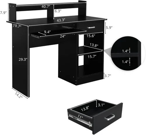 Miniatura 3 de Karl home Escritorio para ordenador de estudio y escritura, mesa para PC y portátil de madera para oficina en casa con estante de cajón, bandeja