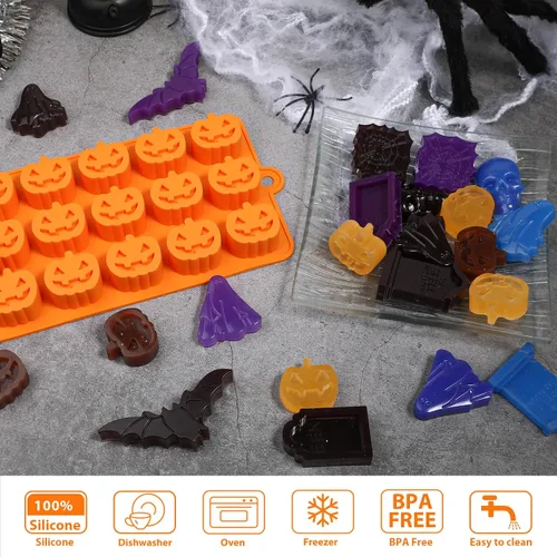 Miniatura 5 de Webake Molde de chocolate de Halloween con forma de calabaza Jack-O-Lantern, calavera, lápida, fantasma, murciélago y araña, moldes de silicona