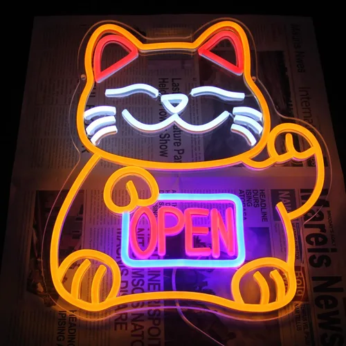 Miniatura 7 de Letrero de neón de gato de la suerte, letreros LED abiertos para decoración de habitación japonesa, luz de neón de gato de la fortuna regulable