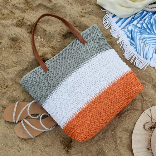 Miniatura 41 de Bolso grande de paja para mujer, tejido de ratán, bolso de playa de verano, a rayas