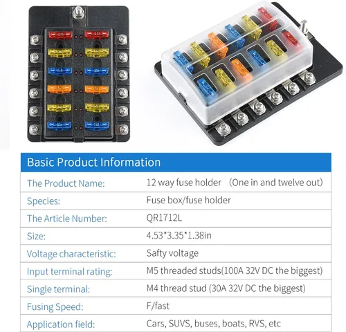 Miniatura 6 de Cuchilla de caja de fusibles de 12 vías de 12 V, caja de fusibles de 12 V con indicador LED, cubierta de humedad y polvo, soporte de caja