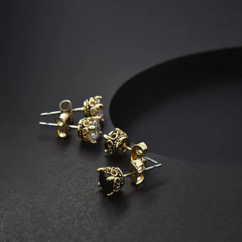 Miniatura 9 de Aretes negros y dorados para hombres y mujeres, con corona retro, hipoalergénicos, de acero inoxidable, con circonita cúbica