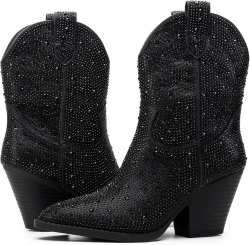 Miniatura 2 de Trary Botas vaqueras occidentales para mujer, puntera puntiaguda, tacón bajo, botas de tobillo de meter, botas de vaquero de moda para conciertos