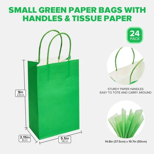 Miniatura 2 de DjinnGlory Paquete de 24 pequeñas bolsas de regalo de papel verde con asas y papel de seda para recuerdos de fiesta, golosinas, pequeñas empresas