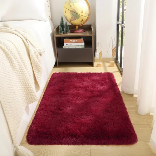 DETUM Alfombra pequeña de 2 x 3 pies para dormitorio, Kicthen entrada, pasillo, lavable, antideslizante, color borgoña, alfombras de felpa para