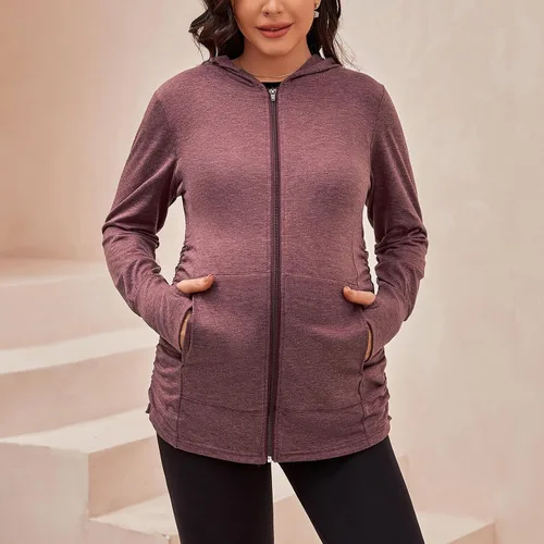 Miniatura 2 de DEBELLY Sudaderas de maternidad de manga larga con cremallera completa, casual, para embarazo, chaqueta con bolsillos, agujero para el pulgar