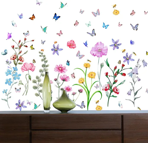 Miniatura 4 de Calcomanías de pared de flores coloridas con mariposa y abeja, 58 unidades, calcomanías de pared de flores extraíbles, bricolaje para despegar y 58