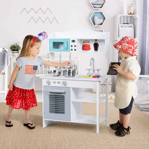 Miniatura 2 de Costzon Juego de cocina para niños, cocina de madera con fregadero, horno, microondas, estufa, ollas, utensilios, juego de cocina con estante, Blanco
