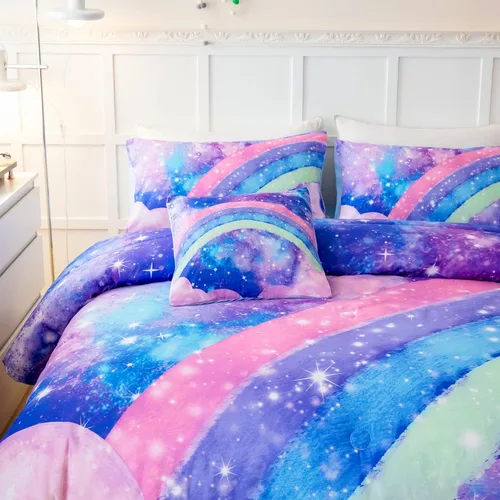 Miniatura 8 de ANGIYUIN Juego de Edredón Tie Dye Arcoíris Azul Tamaño Queen 6 Piezas Degradado con Purpurina Cama en una Bolsa para Niñas Juego de Ropa de Cama Tie