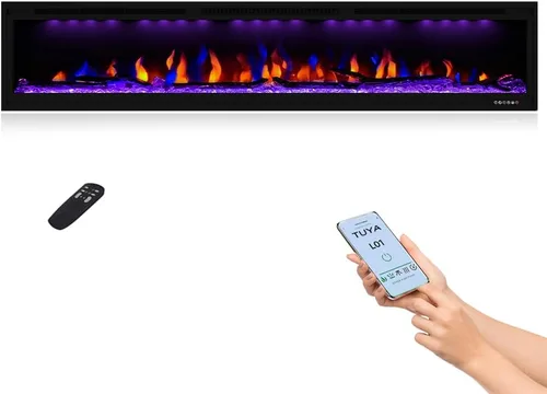 Miniatura 11 de Lujosa chimenea eléctrica de 74 pulgadas, calentador de chimenea empotrado en pared y empotrado en pared, color de llama ajustable y luz superior