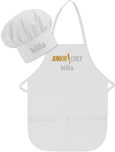 Delantal personalizado bordado Junior Chef Kids Delantal Juego de blanco.