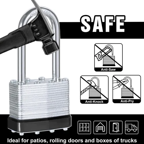 Miniatura 6 de 6 candados con las mismas llaves, acero laminado negro plata (1-9/16 pulgadas, 1.575 in), grillete largo para cobertizos, puertas, vallas, caja