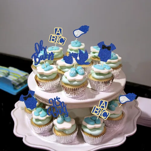 Miniatura 9 de 24 piezas de decoración para cupcakes de baby shower Oh Baby con moño, botella para niño, azul profundo, purpurina para pasteles, decoraciones
