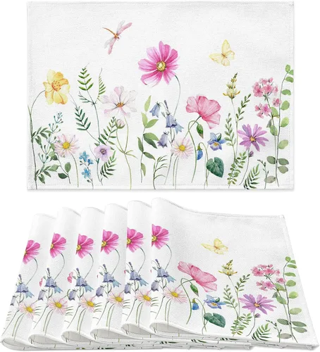 Miniatura 8 de Juego de 6 manteles individuales para primavera y verano, diseño floral, antideslizante, resistente al calor, tela de lino de algodón, cuadrados
