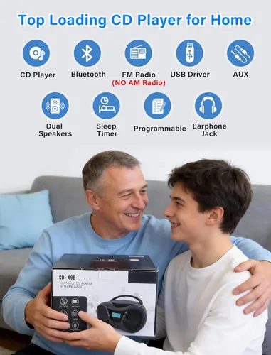 Miniatura 2 de Greadio Boombox Reproductor de CD portátil para el hogar con Bluetooth, Combo de Reproductor de CD Boom Box y Radio FM, Sonido Estéreo, Alimentado