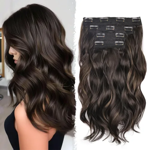 Miniatura 19 de 4 extensiones de cabello sintético con clip, extensiones de cabello rizado de 20 pulgadas de largo con clip (color: marrón medio)
