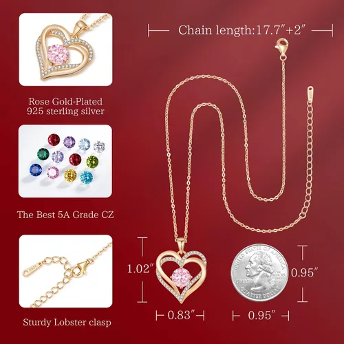 Miniatura 4 de LOUISA SECRET Love Heart Birthstone Necklaces for Women, 925 Sterling Silver Women Pendant Necklace, Valentine's Day Gift for Her Birthday