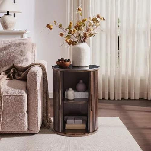 Miniatura 3 de Mesa auxiliar redonda acanalada, mesa auxiliar con tapa de mármol sintético negro con almacenamiento, mesita de noche moderna de mediados de siglo