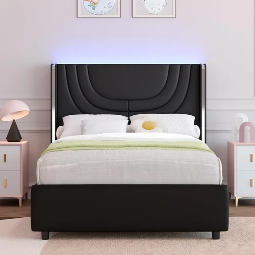 Miniatura 3 de REVOMINCA Base de cama individual con luces LED, plataforma tapizada de piel sintética con cabecera de ala plateada, estilo moderno, no necesita