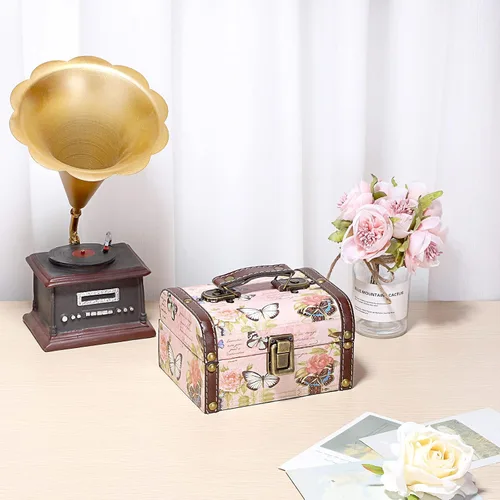 Miniatura 6 de ELLDOO Caja Decorativa de Cofre del Tesoro, Caja de Almacenamiento de Madera + Cuero PU para Joyas y Baratijas, Caja de Recuerdos para Mujeres