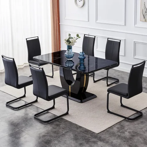 Miniatura 17 de Juego de 6 sillas de mesa de comedor para 6, juego de 6, moderno juego de comedor con mesa de comedor de mármol de 63 pulgadas, sillas tapizadas