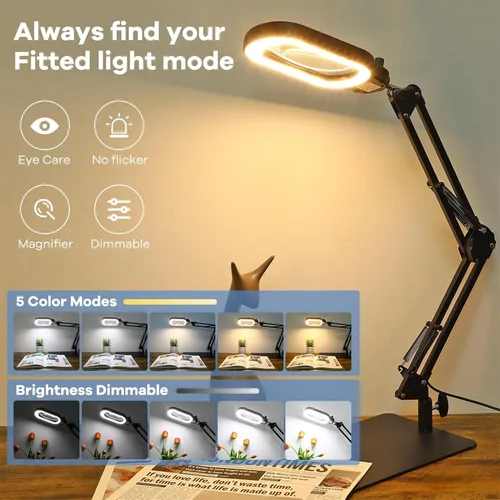 Miniatura 5 de Lupa rectangular 10X con luz y soporte, lupa iluminada de cristal real, manos libres, perilla mecánica, 5 modos de color, regulable sin escalones