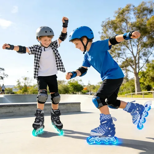 Miniatura 5 de Nattork Patines en línea ajustables para niños y adolescentes, ruedas iluminadoras, patines con diseño de tablero de ajedrez para niños y niñas Azul