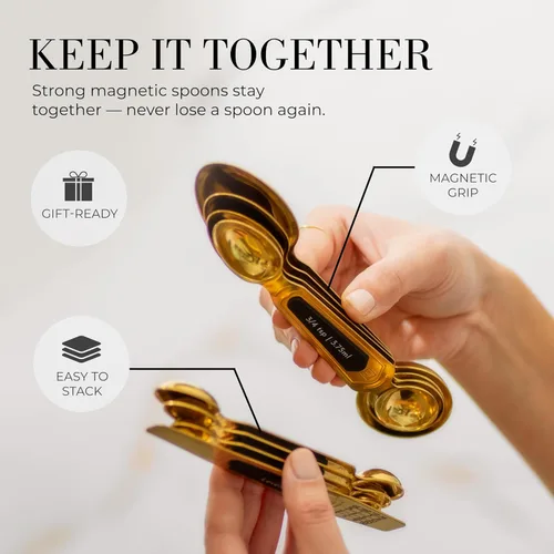 Miniatura 4 de Cucharas medidoras magnéticas doradas con nivelador, con 8 piezas de estilo mejorado, de doble cara, apilables, juego de cucharas medidoras doradas