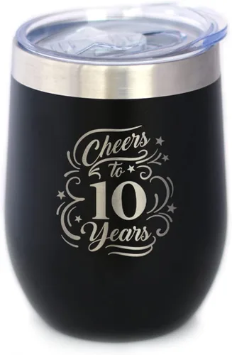 Cheers to 10 Years - Vaso de vino con tapa deslizante - Taza aislada de acero inoxidable - Regalo para 10 aniversario - Negro