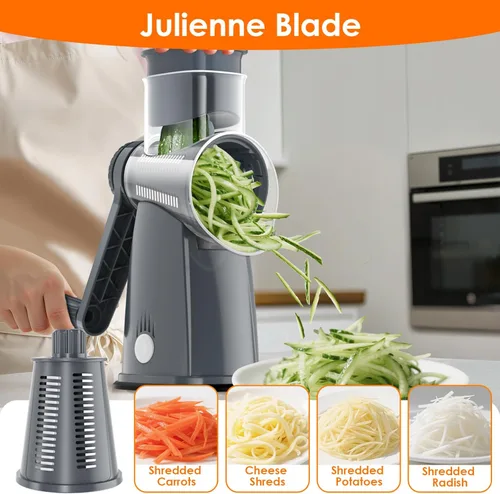 Miniatura 3 de MealHelper Rallador de queso rotativo de 5 cuchillas con manivela manual y caja de almacenamiento, picador de verduras, triturador de queso para Gris